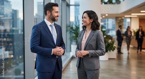 Professional colleagues having conversation in modern office