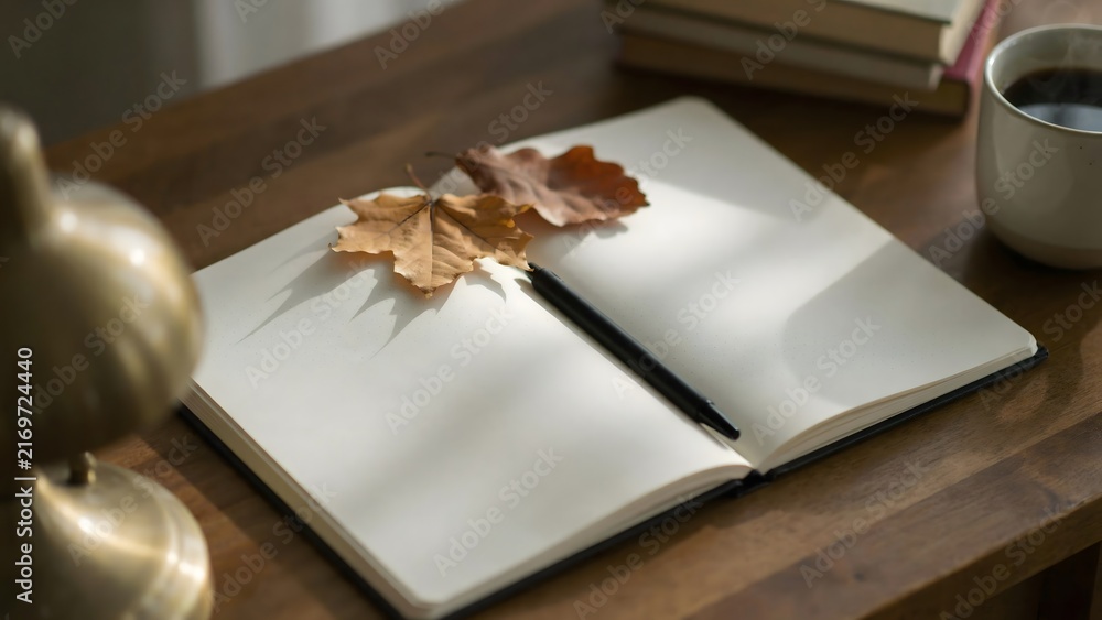 Fototapeta premium Clean white open notebook with pen on wood – Perfect for writing inspiration, new semester, or journal branding.