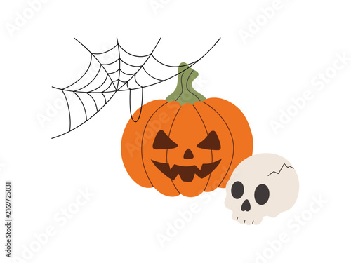 Halloween pumpkin with spider web and skull. Cute flat vector illustration isolated on a white background.