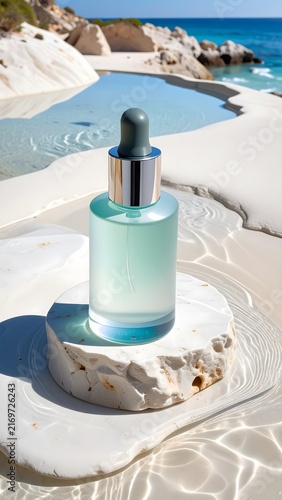 A tranquil scene unfolds with a pristine bottle of cosmetic serum, nestled on a natural stone pedestal beside a crystal-clear infinity pool overlooking a serene beach and the azure ocean.