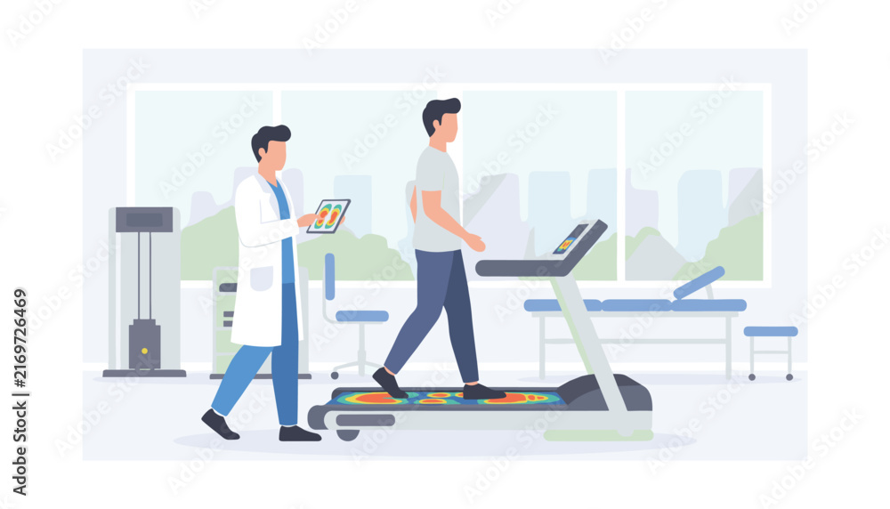 Fototapeta premium Physiotherapist analyzes gait and step patterns of a patient on a treadmill using a digital tablet during a clinic biomechanics exam.