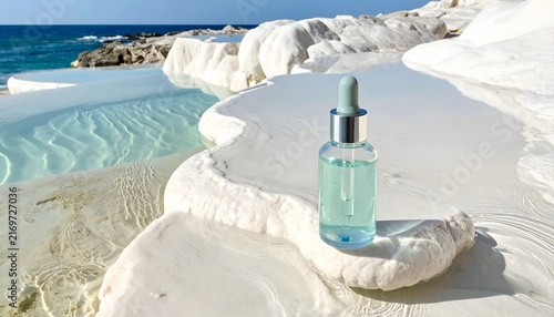 A bottle of facial serum or essential oil with a dropper cap sits on a smooth, white, wavy rock formation by the sea, showcasing a luxurious spa or wellness experience.