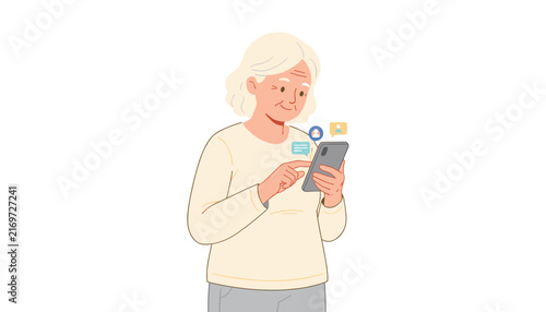 Elderly woman wearing a light shirt stands while using her smartphone with digital messaging icons hovering around her.
