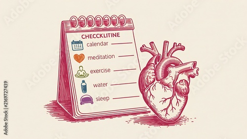Handdrawn illustration of a health checklist featuring icons for calendar, meditation, exercise, water, and sleep, alongside a human heart