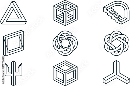 Foto Impossible Geometric Shapes and Optical Illusion Icons Set with Penrose Triangle