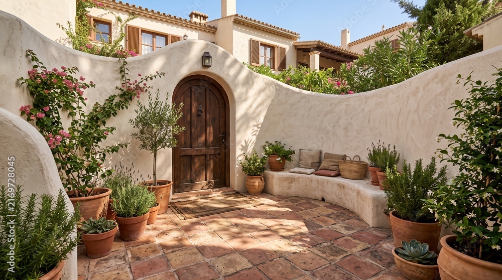 Naklejka premium Charming Mediterranean courtyard entrance bathed in warm sunlight, featuring a rustic arched wooden door, vibrant potted plants, and serene stucco walls, inviting tranquility