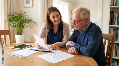 Female Caregiver Helping Senior Man Review Documents at Home Table