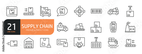 Set of line icons related to Supply Chain, Warehouse, Delivery Truck, Shopping, Inventory, Shipping Box and more. Outline icons collection. Editable stroke. Vector illustration.