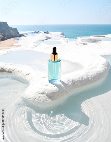 A cosmetic serum bottle with a dropper cap sits elegantly on a natural, textured white rock formation amidst turquoise thermal pools, with a serene ocean and coastline in the background.