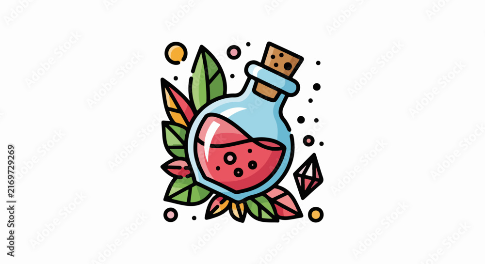 Fototapeta premium Colorful potion bottle with glowing liquid and leaves