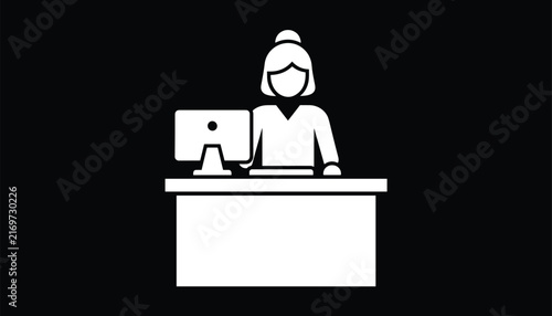 White silhouette vector icon of a female receptionist or office secretary sitting at a desk with a computer monitor.