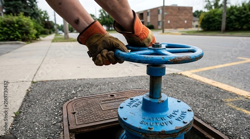 Worker turning a blue water valve on a city street.