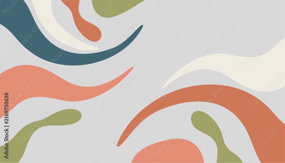 Obraz premium Abstract fluid wave background featuring soft organic shapes in muted terracotta, sage green, cream, and navy blue tones.
