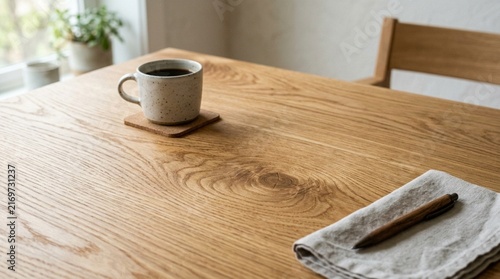 Cozy Coffee Break: Mug on Wooden Table with Napkin and Pen