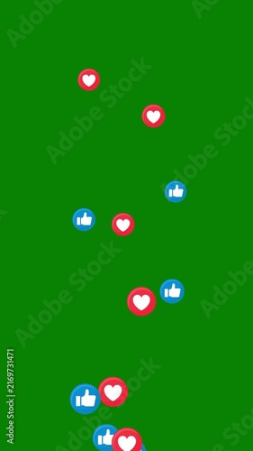 Animated social media like thumbs up and red heart emoji icons rising upward on green background overlay