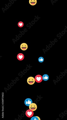 Colorful social media reactions floating upward with hearts, likes, and smiling emojis on black background