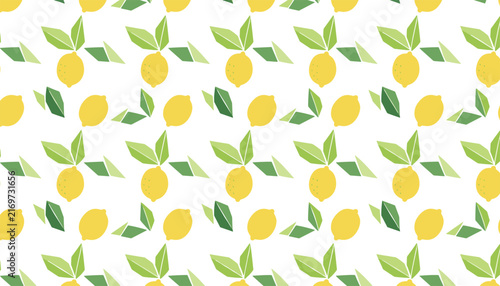 Seamless wallpaper pattern of bright yellow whole lemons with fresh green leaves scattered on a crisp white background.