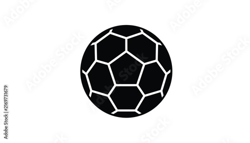 Classic black soccer ball icon featuring white hexagonal and pentagonal panels, isolated on a white background for sports themes.