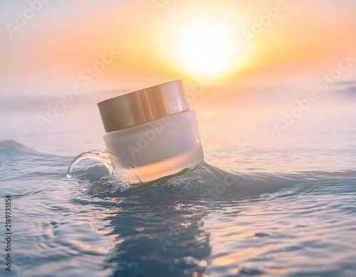 A luxurious jar of skincare cream floats serenely on a gentle ocean wave, illuminated by the soft, golden light of a rising or setting sun, embodying purity and natural beauty.