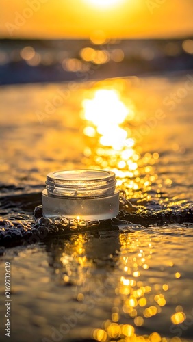 A crystal jar sits on the wet sand, kissed by the golden light of the setting sun, with gentle waves lapping at its base.
