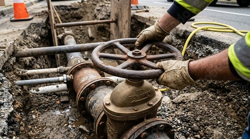 Utility worker operating a large water valve in an underground trench.