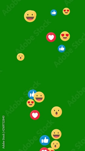 Social media reaction emojis floating upward with hearts, likes, smiles, laughter, and surprise expressions on green background