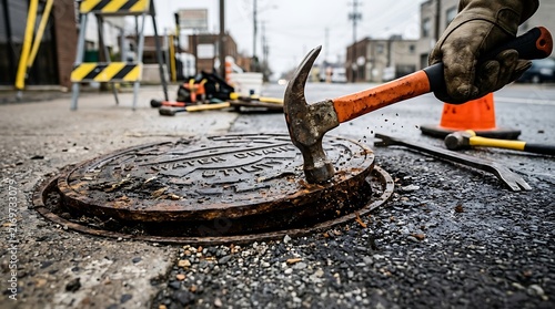 Worker using a hammer to pry open a heavy metal manhole cover on a city street.