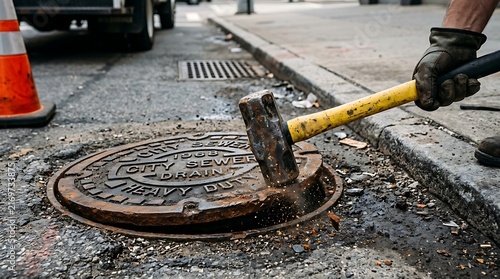 Worker using a sledgehammer to open a heavy metal manhole cover on a city street.