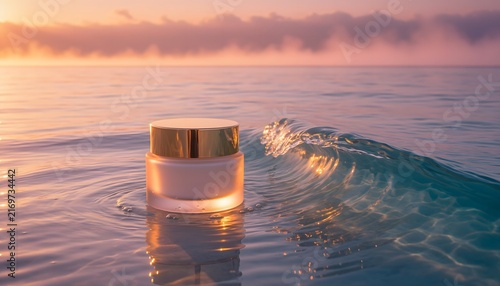 A luxurious beauty cream jar floats serenely on the ocean's surface, illuminated by the soft, ethereal glow of a pastel sunrise.