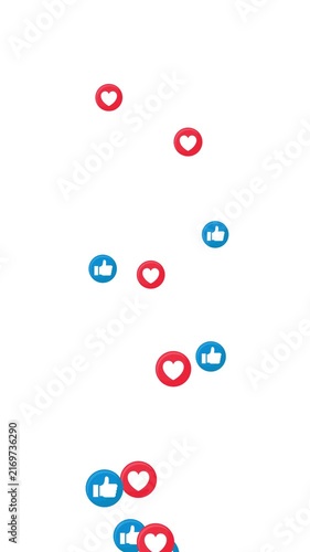 Floating social media likes and hearts rising upward in a clean reaction animation on white background