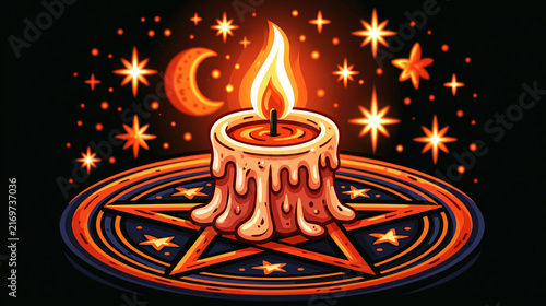 celestial candle and pentagram flat vector illustration, solid shapes, clean outlines, simplified smooth forms, minimal design, high contrast, centered composition, no shading, no