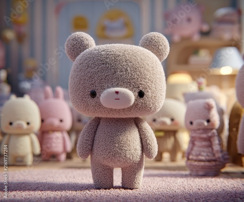 Soft Teddy Bear Toy: A charming, fuzzy teddy bear stands center stage, surrounded by a whimsical collection of cute stuffed animals in a pastel-colored room.