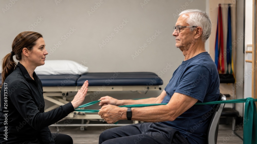 Fototapeta premium Senior man doing resistance band exercise with therapist guidance
