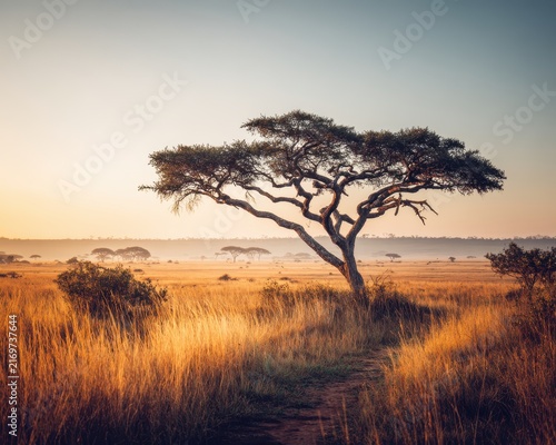 Savanna Sunrise: A lone acacia tree stands silhouetted against a soft sunrise, casting a long shadow across the golden dry grass of the African savanna.