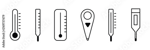 Thermometer icon set . Temperature, thermometer icon set. Weather, thermometer outline symbol collection.. Measure temperature symbol.Electronic thermometer icons. with white background eps10