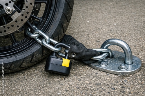 A padlock attached to a motorcycle chain, ready to secure the bike