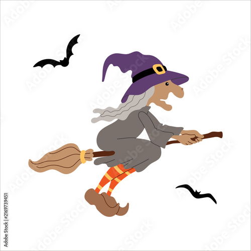 Flying witch on a broomstick. Isolated flat vector illustration. Halloween design.
