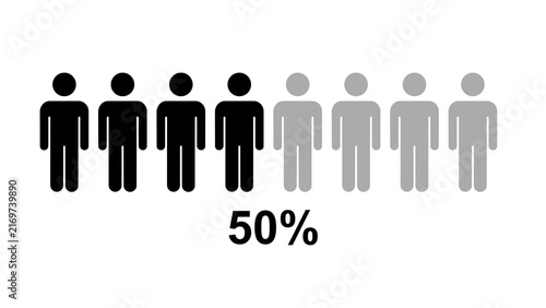Human silhouettes representing fifty percent on a white background