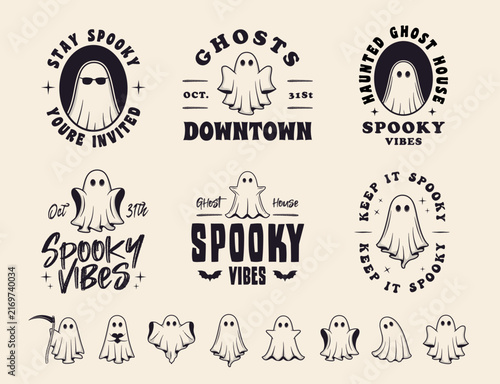 Vintage Halloween logo set and 8 Ghost icons for halloween design. Halloween spooky emblems templates. 8 ghost illustrations. Vector illustration