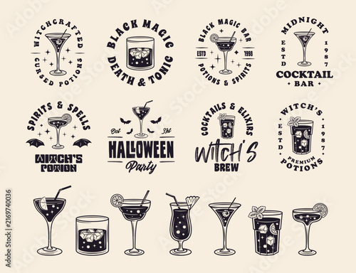 Vintage halloween Cocktails logo designs. Cocktails logo, badges and labels. Print for t-shirt, tee. 7 Cocktails icons set for poster, emblem, party invitation designs. Vector illustration
