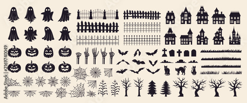 Halloween silhouettes set. 88 Halloween vintage icons and silhouettes isolated on white background. Halloween scene creator. Elements for logo, party, emblem, poster, banner, invitation, background de