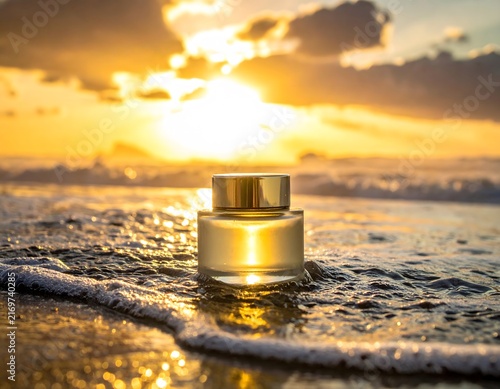 A golden perfume bottle with a metallic cap sits in the gentle waves of the ocean, illuminated by the warm, radiant glow of a sunset.