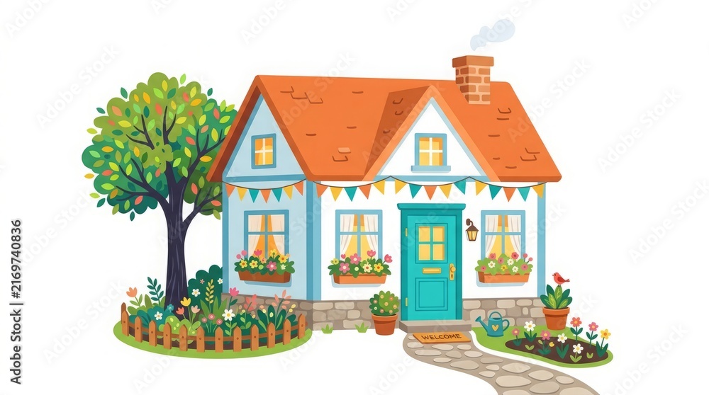 Fototapeta premium Flat Color Vector House Illustration with Modern Family Home and Simple Architectural Design