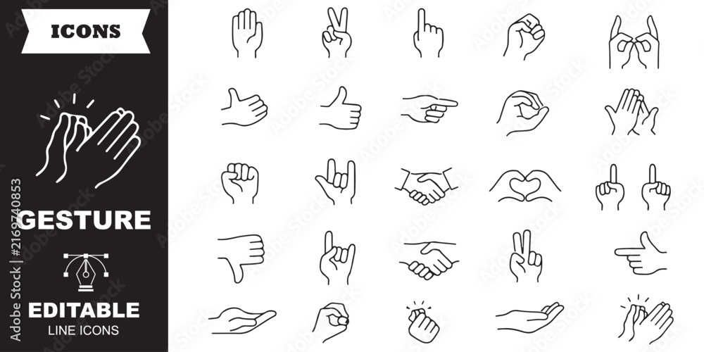 Fototapeta premium People hand gestures outline vector collection. handshake icon set, thumbs down icon set, pointing icon set