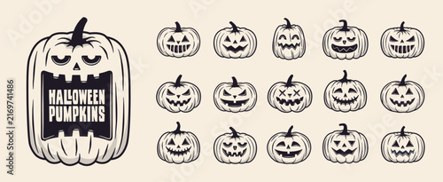 15 Halloween pumpkin icons set. Vintage funny pumpkins isolated on white background. Monsters faces. Design elements for logo, badges, banners, labels, posters. Vector illustration