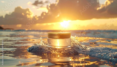 A luxurious beauty cream container sits on a wet sandy beach, gently kissed by the tide as the golden sun sets, creating a radiant and tranquil scene.