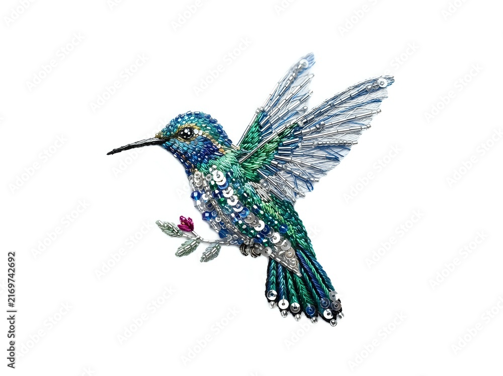 Fototapeta premium Hummingbird with iridescent emerald and blue plumage hovering