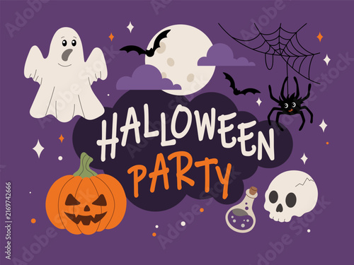 Halloween party banner with cute spooky elements. Flat vector illustration.