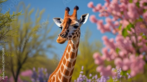 Portrait of giraffe animal pet on background spring blooming flower garden outside AI Generative