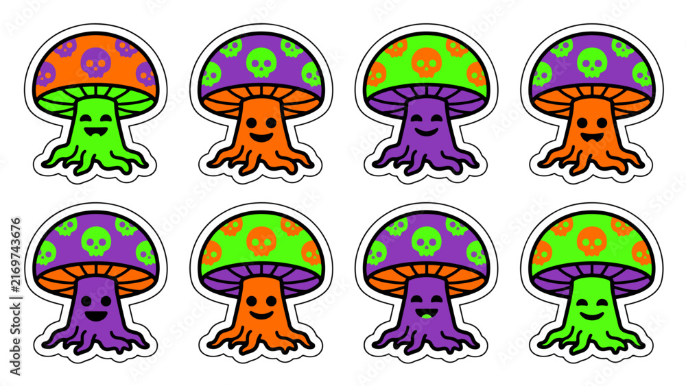 Fototapeta premium Colorful Kawaii Mushroom Monster Sticker Set for Cute Spooky Halloween Design